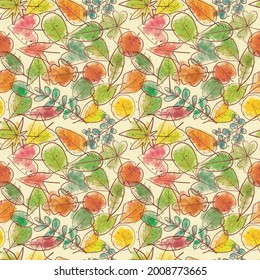 Seamless background with colored doodle green, yellow and red leaves. Can be used for wallpaper, pattern fills, textile, web page background, surface textures