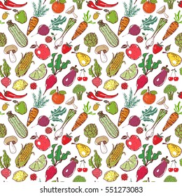 Seamless background with colored doodle sketch vegetables and fruits. Vector sketch illustration. Can be used for wallpaper, pattern fills, textile, web page background, surface textures. 