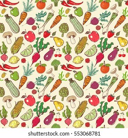 Seamless background with colored doodle sketch vegetables and fruits. Vector sketch illustration. Can be used for wallpaper, pattern fills, textile, web page background, surface textures. 