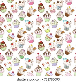 Seamless background with colored doodle sketch cupcakes on white background