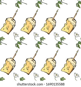 seamless background of colored Easter cupcakes and anemone flowers, isolated images on a white background, doodles, for packaging design, design for Easter