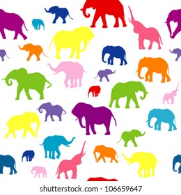 Seamless background with colored elephants silhouettes