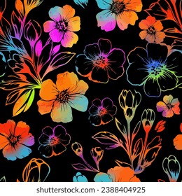 Fondo de flores de color sin foco sobre un fondo negro. dibujo a mano. No IA, ilustración vectorial