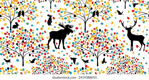 Seamless background colored forest with animals. hand drawing. Not AI, Vector illustration
