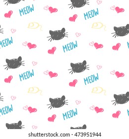 Seamless background of colored Karakul muzzles of cats, hearts drawn by hand.