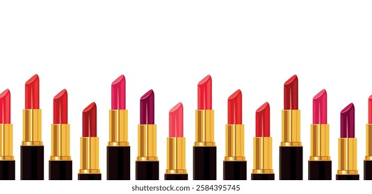 
Seamless background with colored lipsticks in cartoon style. Vector illustration of lipstick tubes of different colors: pink, red, purple isolated on white background. Decorative cosmetic product. 