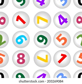 Seamless background with colored numbers in balls, artistic digits in different colors and positions on white area. 