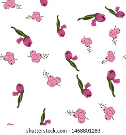 Seamless background with colored pink tulips. Vector illustration.Floral seamless background with colorful tulips. Spring mood.The texture of the fabric, the design of gift packs. Vector graphic