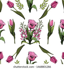 Seamless background with colored pink tulips. Vector illustration.Floral seamless background with colorful tulips. Spring mood.The texture of the fabric, the design of gift packs. Vector graphic
