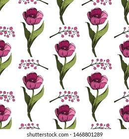 Seamless background with colored pink tulips. Vector illustration.Floral seamless background with colorful tulips. Spring mood.The texture of the fabric, the design of gift packs. Vector graphic