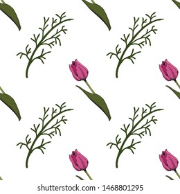 Seamless background with colored pink tulips. Vector illustration.Floral seamless background with colorful tulips. Spring mood.The texture of the fabric, the design of gift packs. Vector graphic