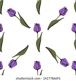 Seamless background with colored purple tulips. Vector illustration.Floral seamless background with colorful tulips. Spring mood.The texture of the fabric, the design of gift packs. Vector graphic