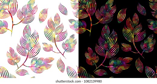 Seamless background of colored twigs with leaves. Vector