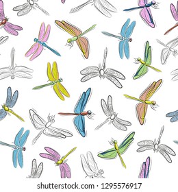 Seamless background of colored and white dragonflies on transparent background.