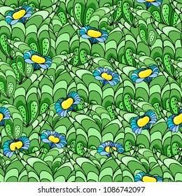 Seamless background with colorful abstract flowers yellow, blue. Green leaves. Handmade. Vector. Print for fabrics, cover design
