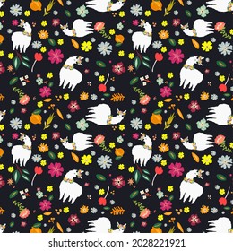 Seamless background with colorful animals (llamas) in glasses, wreaths and beads. Multicolored flowers of different shapes, branches and leaves on a solid background.