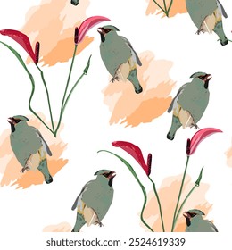 Fondo sin fisuras con pájaros coloridos y flores silvestres aisladas sobre fondo blanco. Ilustración vectorial.