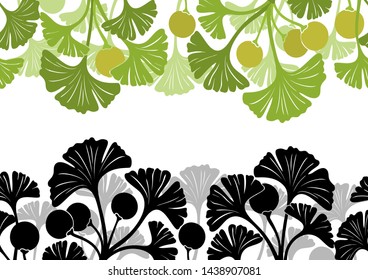 Seamless Background with Colorful and Black and Grey Pictogram Leaves of Ginkgo Biloba Tree, Nature Pattern, Isolated on White. Vector