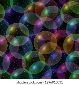 Seamless Background with Colorful Bubbles and Stars on Black, Tile Pattern. Vector