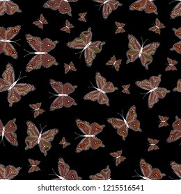 Seamless background of colorful butterflies. Art butterflies on black, brown and white colors. Vector illustration. Picture for Scrapbooking.