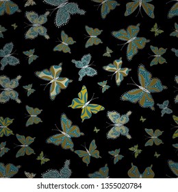 Seamless background of colorful butterflies. Cute butterflies on black, blue and neutral. Vector illustration. Nice background for wrappers and wallpaper, design of fabric, paper.