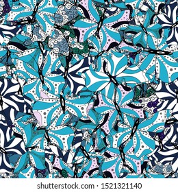 Seamless background of colorful butterflies. Cute butterflies on white, blue and black. Vector illustration. Nice background for wrappers and wallpaper, design of fabric, paper.