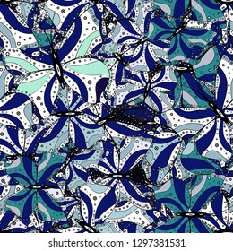 Seamless background of colorful butterflies. Decor on white, black and blue background for clothing design. Vector illustration.