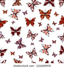 Seamless background of colorful butterflies on white, red and black colors. Perfect for textile, wallpapers, web page backgrounds, surface textures. Vector illustration.