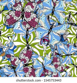 Seamless background of colorful butterflies on white, black and blue colors. Perfect for textile, wallpapers, web page backgrounds, surface textures. Vector illustration.