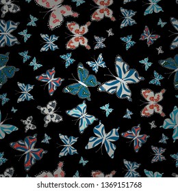 Seamless background of colorful butterflies. Picture for Scrapbooking. Art butterflies on black, blue and neutral colors. Vector illustration.