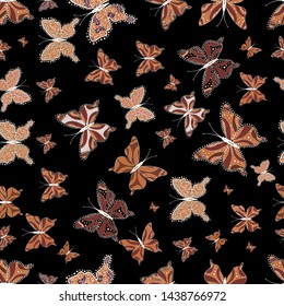 Seamless background of colorful butterflies. Vector illustration. Picture for Scrapbooking. Art butterflies on black, brown and white colors.