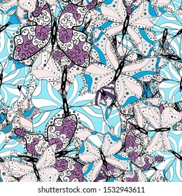 Seamless background of colorful butterflies. Vector illustration. Nice background for design of fabric, paper, wrappers and wallpaper.