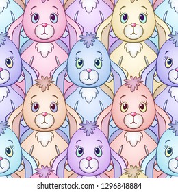 Seamless Background with Colorful Cartoon Rabbits, Bunnies, Tile Pattern with Cute Characters. Vector