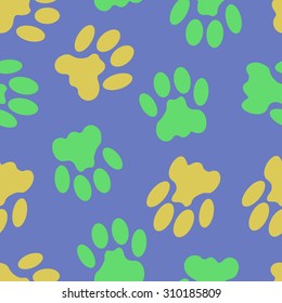 Seamless background with colorful cat tracks for creating card, web page background, wallpaper and textile.