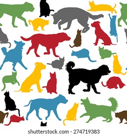 Seamless background with colorful cats and dogs silhouettes