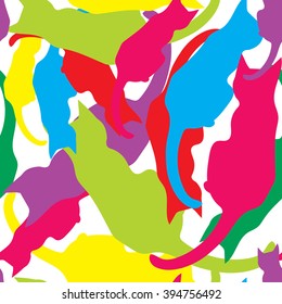 Seamless background with colorful cats. Vector pattern with silhouettes of cats.