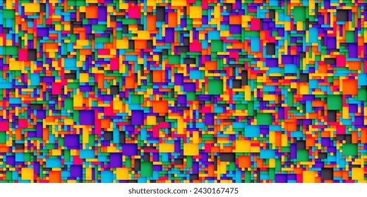 Seamless background with colorful chaotic squares and shadows for banner, poster, flyer or cover. Trendy artistic pixelated design with colored randomly stacked rainbow rectangles. Vector illustration