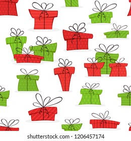 Seamless background with colorful Christmas presents isolated on white background, illustration.