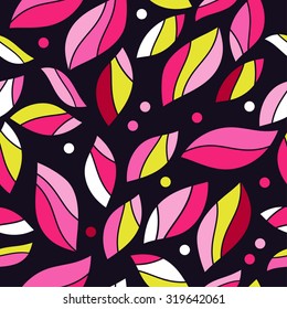 Seamless background with colorful decorative leaves and polka dots