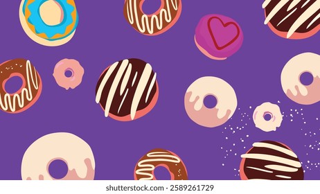 A seamless background of colorful donuts with chocolate, vanilla, and pink icing on a vibrant purple background. Playful and modern dessert themed illustration for food related designs and prints.