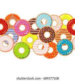 Seamless background with colorful donuts with glaze and sprinkles. Textile rapport.