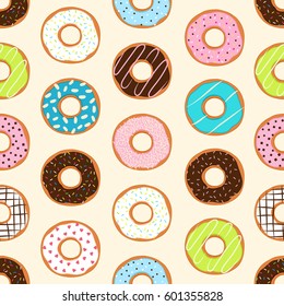 Seamless background with colorful donuts, vector illustration