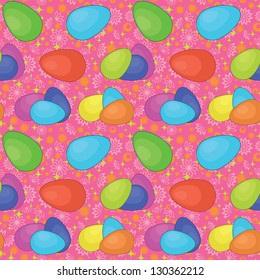 Seamless background, colorful Easter eggs and abstract floral pattern. Vector