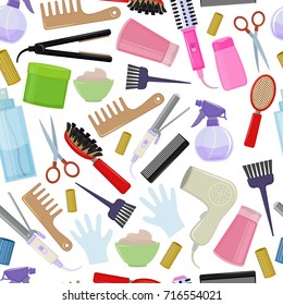 Seamless background of colorful equipments for styling and hair care. Products and tools for home remedies of hair care. Vector