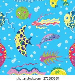 Seamless background with colorful exotic fish and bubbles, hand drawn elements