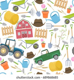 Seamless background of colorful farming equipment icons. Farming tools and agricultural machines decoration. Vector