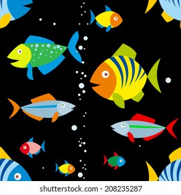 seamless background of colorful fish and air bubbles on black color