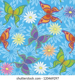 Seamless background, colorful flowers and butterflies on blue. Vector