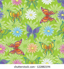 Seamless background, colorful flowers and butterflies on green. Vector