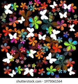 A seamless background with colorful flowers with butterflies. Fabric with iridescent little flowers. Mixed media. Vector illustration